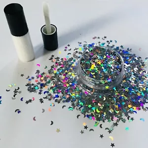 FESTIVAL FACE/BODY/HAIR KIT-4ml GLUE HOLOGRAPHIC SILVER MOON STAR GLITTER 10g - Picture 1 of 1