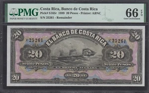 BANCO DE COSTA RICA 1899 REMAINDR S165r 20 PESOS GEM UNC PMG 66 EPQ. RARE - Picture 1 of 2