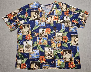 Cherokee Elvis Presley Scrub Top XL Cotton Blue Hawaiian V Neck All Over Print - Picture 1 of 9
