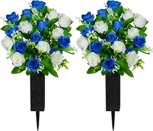Artificial Cemetery Flowers, Grave Memorial Flowers with Vase, Artificial Rose B - Picture 1 of 12