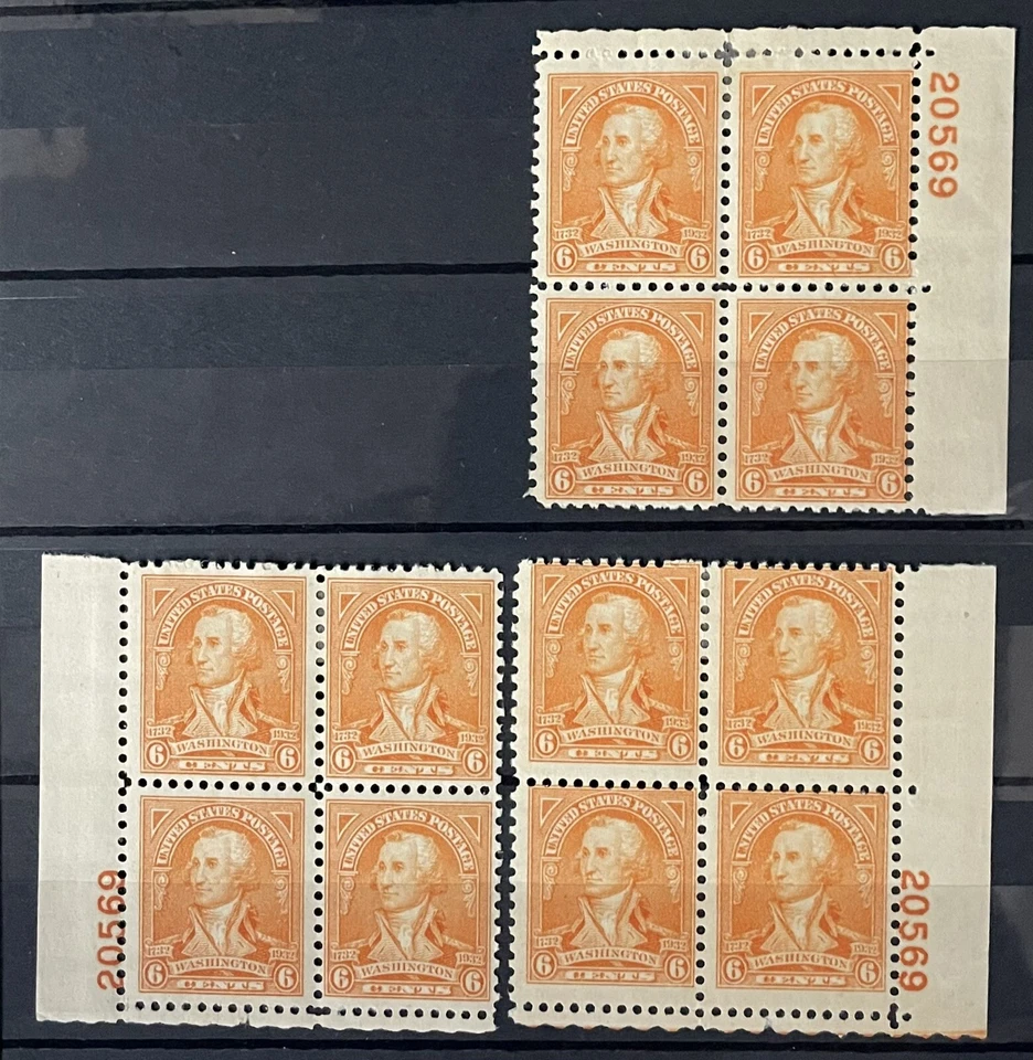 Scott #711, 6c Washington Bicent’l Plate Blocks #20569, 3-corners, F/VF H - Image 1 of 1