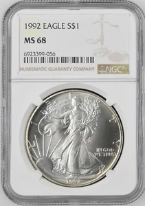 1992 Silver Eagle S$1 Graded (NGC MS68) US Mint American Bullion SILVER - Picture 1 of 2