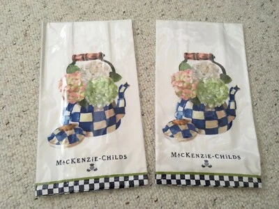 2 MacKenzie Childs Courtly Royal Check Tea Pot Hydrangea Kitchen TeaTowels NEW