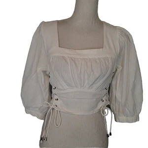 Free People Top White Puff Sleeves Smocked Crop Top Tie sz s boho - Picture 1 of 19