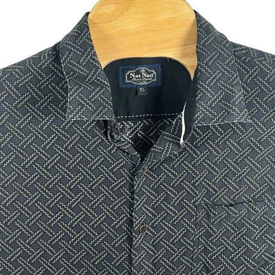 Nat Nast Men XL Navy Geometric Silk/Cotton Short Sleeve Button Up Shirt - Image 1 of 4