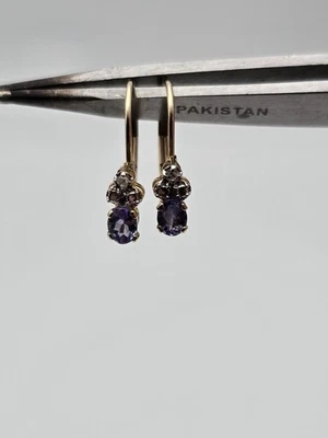 14k 纯金紫水晶钻石耳环 1.1 克复古紫色宝石耳钉 — 第 1/4 张图片