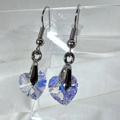 Heart Dangle Earrings Swarovski Crystal Aurora Borealis AB Jewelry - Image 1 of 4