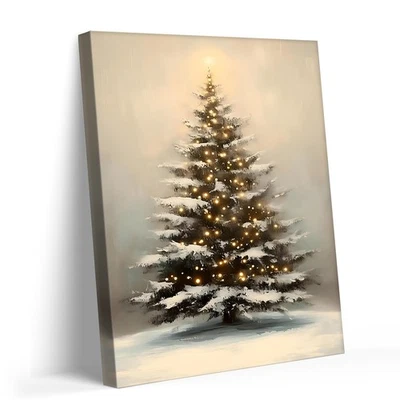Christmas Tree with Lights Vintage Christmas Canvas Prints Rustic Winter Framed - Image 1 of 4