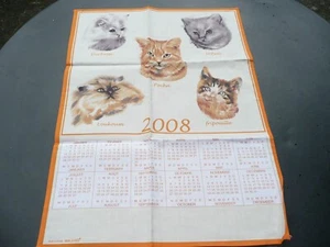 1 torchon ancien vintage en coton calendrier 2008 à décors de chats - Imagen 1 de 4