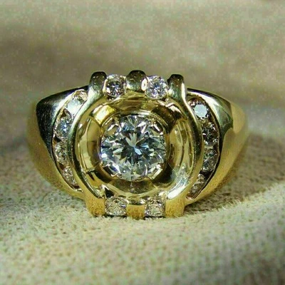 Bague alliance homme diamant simulé taille ronde de 1,99 ct plaqué or jaune - Photo 1/4