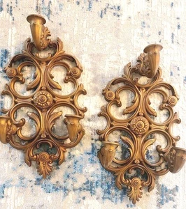 Pair Vintage Homco Wall Sconces 3 Arm Candle Holders Set 70s Gold 20" Home Core - Picture 1 of 11