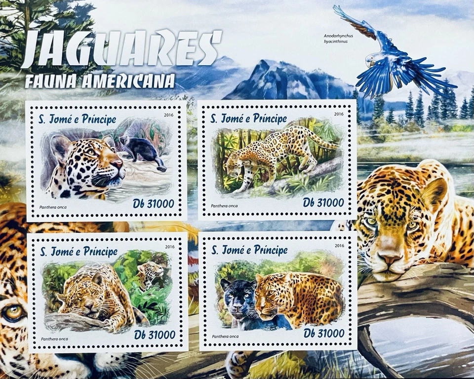 SELLOS DE JAGUARES DE LAS ISLAS DE SAN TOMÁS Y EL PRÍNCIPE 2016 MNH ANIMALES SALVAJES GATO SALVAJE 1 Foto 1 de 1