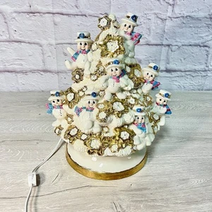 Vtg Gold White Ceramic Christmas Tree Snowmen Theme - Picture 1 of 17