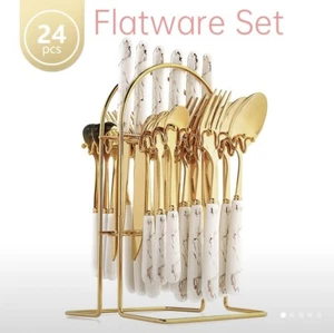 24pcs Stainless Steel Cutlery Set, European Style Marble Pattern Tableware - Picture 1 of 9