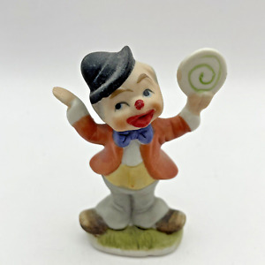 Lefton Clown with Top Hat and Swirl Lollipop Porcelain 3” Figurine Blue Now Tie