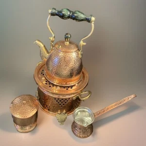 TURKISH TRADITIONAL HANDMADE  COPPER TEAPOT SET & Warmer NEW! - Picture 1 of 24