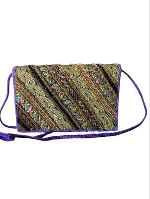 Vintage 80s Magid Purple Velvet Beaded Cross Body Evening Bag Purse - Image 1 of 4