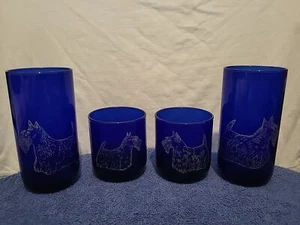 VINTAGE COBALT BLUE CULVER CELESTIAL TUMBLERS GLASSES SCOTTIE DOG ETCHED - Picture 1 of 19