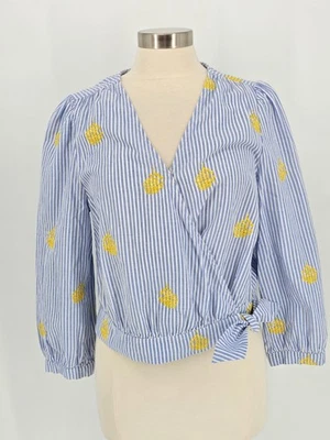 Top de verano J Crew talla grande azul blanco a rayas con bordado floral amarillo Foto 1 de 4