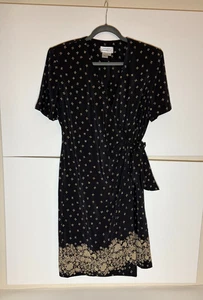 Adriana Papell Woman Wrap Dress Size12 Black Beige Knee Length 100% Silk - Picture 1 of 5