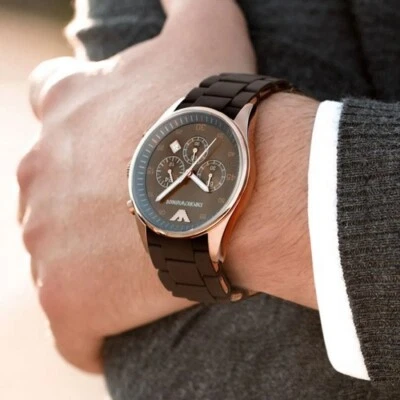 NEW EMPORIO ARMANI MENS WATCH AR5890 BROWN DIAL & RUBBER BROWN STRAP GENUINE - Image 1 of 4