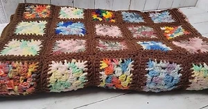 Vintage Granny Square Crochet Knitted Blanket Brown Multicolor 46"x 59" - Picture 1 of 9