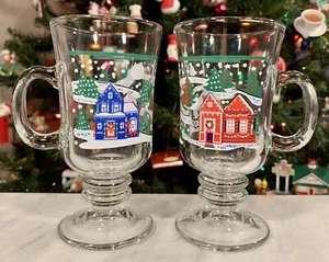 Set Of 2 Vintage IRISH COFFEE / MULLED WINE Pedestal Mugs: Winter Scene Red Blue - Picture 1 of 9