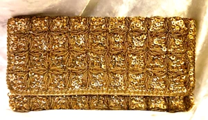 Gold Sequin Clutch Wallet Intricate Beading Party Made in Hong Kong Silk Lining - Picture 1 of 11