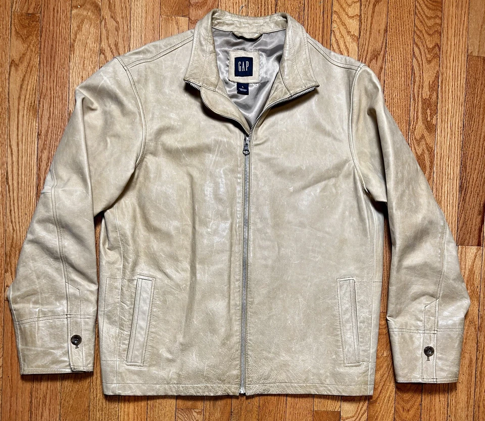 Chaqueta De Colección Años 90’s Y2K GAP Cuero Marfil Moto Café Corredor Motocicleta Hombre’s Grande Foto 1 de 4