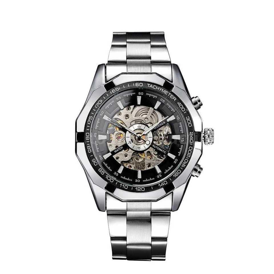 Reloj de pulsera mecánico automático esqueleto de acero inoxidable 10 piezas GANADOR para hombre Foto 1 de 1