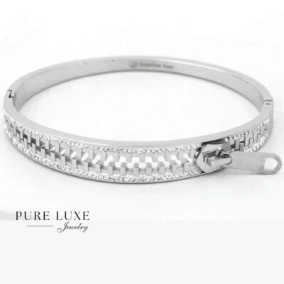 Women's 6.5" Stainless Steel Silver zipper Cubic Zirconia Bangle,Bracelet*Box - Image 1 of 3