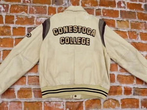 REDSKINS Vintage Leather Jacket Beige CONESTOGA COLLEGE Varsity Size: L Rare - Picture 1 of 11