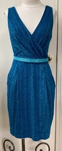 EVA FRANCO Anthropologie Womens Size 8 Blue Faux Wrap Stretch Beaded Belt Dress - Picture 1 of 7