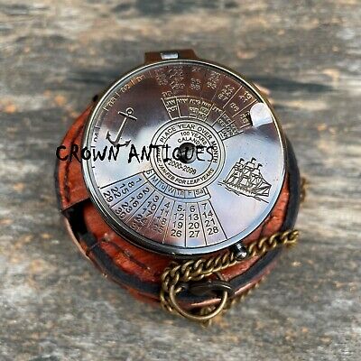 Vintage Brass 100 Year Callendar Compass Antique Pocket Gift Compass With Case • 31.50$