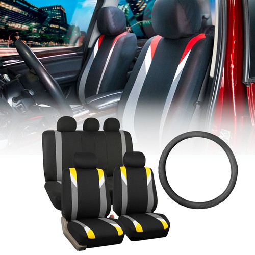 Racing Car Seat Covers for Auto with Leather Steering Wheel Yellow