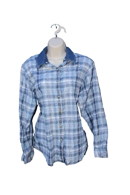 Camisa xadrez vintage feminina Napa Valley com botões média azul marinho branco estrelas - Imagem 1 de 4