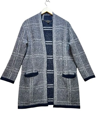 Casaco xadrez Banana Republic feminino longo cardigã suéter médio azul marinho malha - Imagem 1 de 4