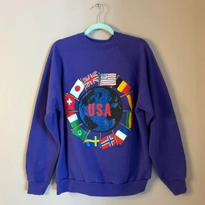 Vintage 90s 2000s purple USA world flags globe crewneck sweatshirt XL - Picture 1 of 6