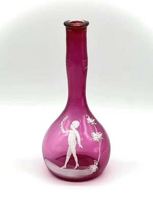 Antigua botella de peluquero Mary Gregory rosa brillante exhibida en museo Foto 1 de 4