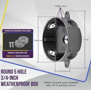 4” Diameter Round Weatherproof Outlet Box Five 3/4" Threaded Outlets 1.57” Depth - Picture 1 of 2