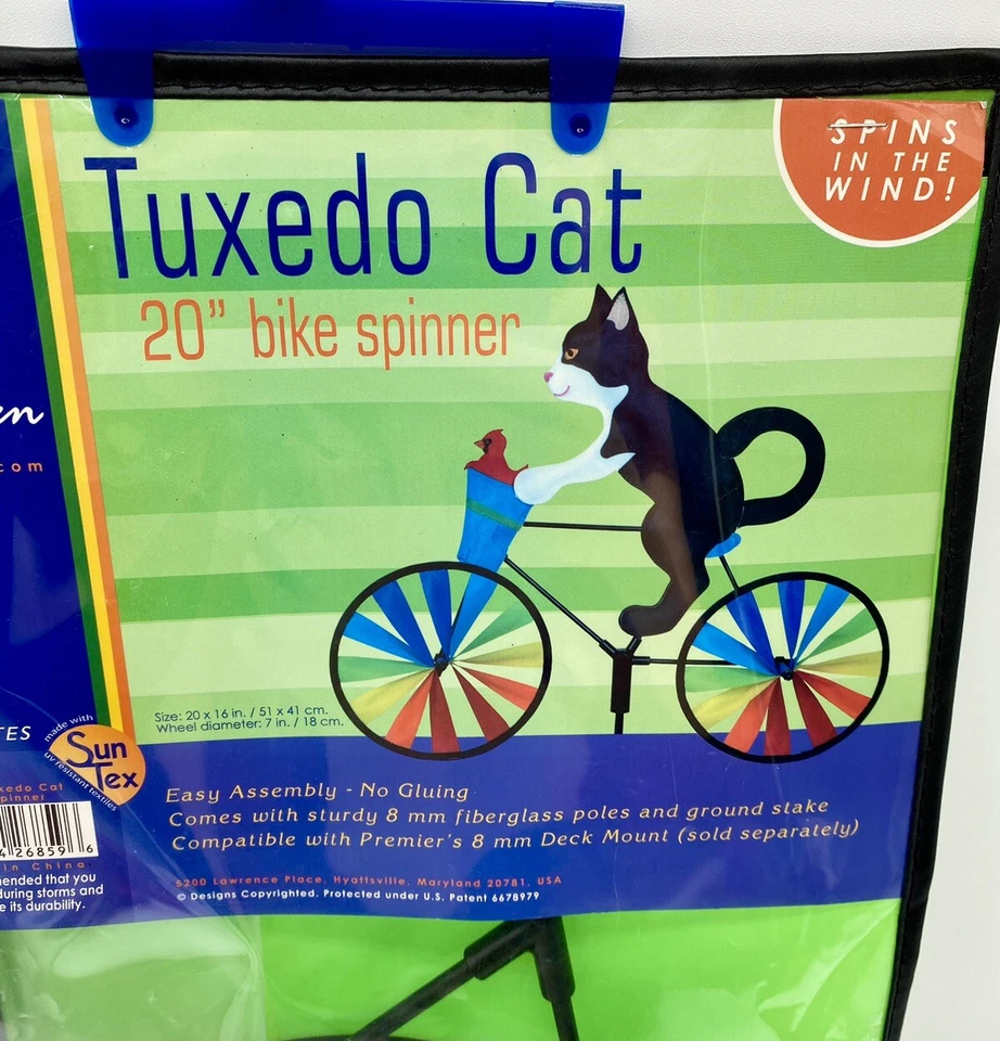 Tuxedo Cat 20 In. - Bike Riding Garden Wind Spinner by Premier Kites