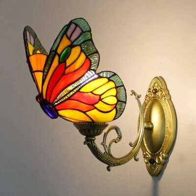 Wall Lamp Tiffany Style Stained Glass Shade Butterfly Design Vintage Retro
