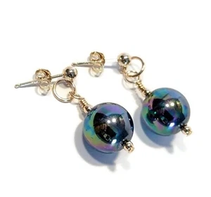 9ct Solid Gold 10mm Black Rainbow Pearl Earrings with Gold Bead Accents - Picture 1 of 8