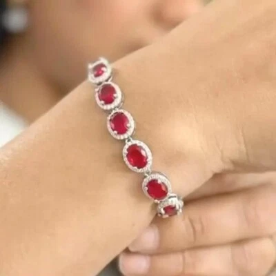28 ct Oval Cut Created Ruby & Diamond 14K White Gold Plated Halo Tennis Bracelet - Image 1 of 4