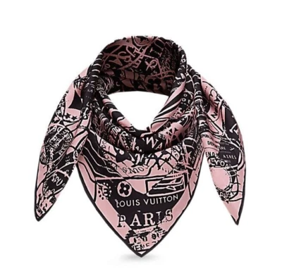 Louis Vuitton Bufanda Equipaje Baúles Viaje Negro Estampillas Rosa Seda Envoltura Foto 1 de 4