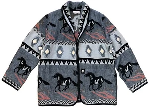 Vtg Flashback 100% Cotton Woven Blazer Jacket Cardigan Southwest HORSES Boho L - Picture 1 of 3
