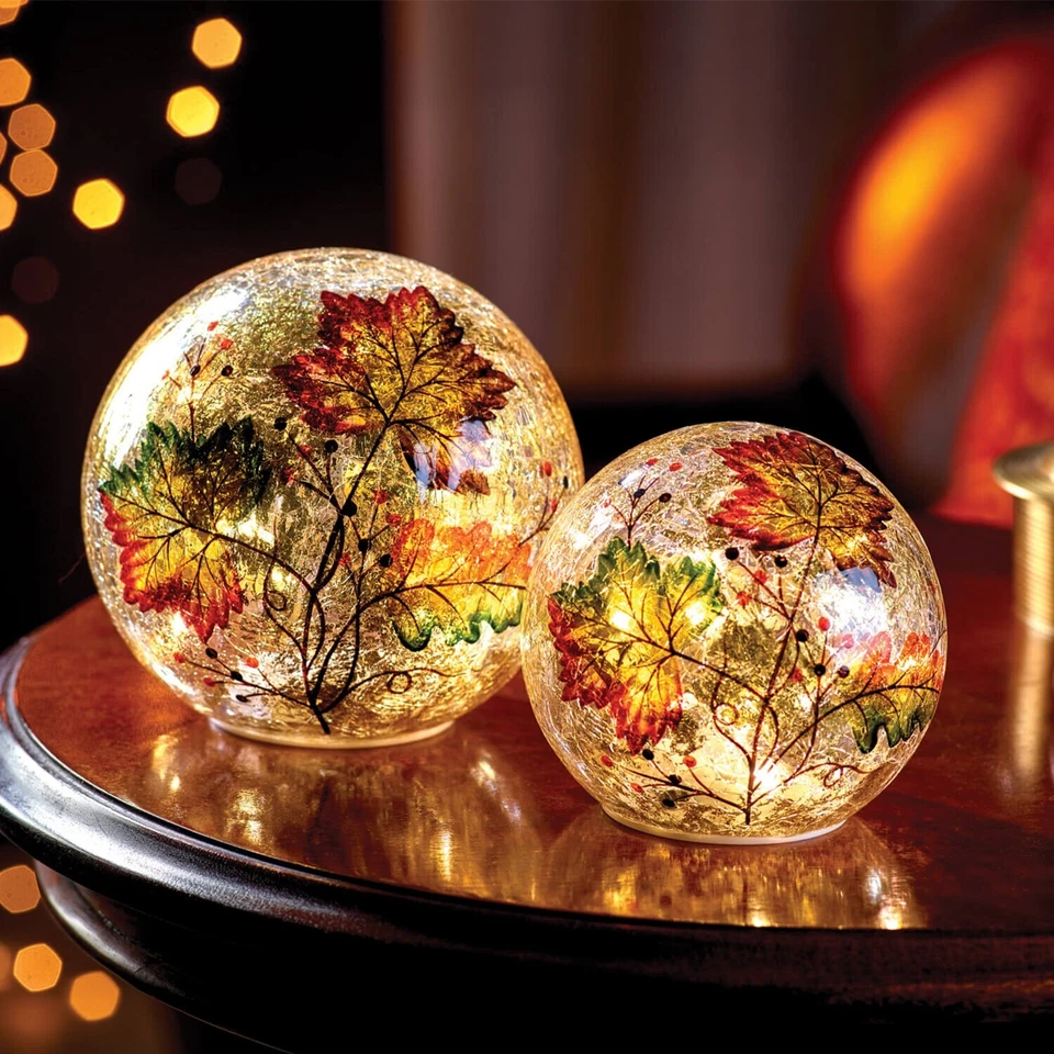 Set of 2 Autumn Leaves LED Globe Lights Decoration Ornament Crackle Glass - Image 1 of 1