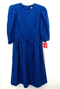 LANZ 70's 80s High Neck Dress Royal Blue Womens Sz 14 Petite Modest Cottagecore - Picture 1 of 12