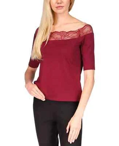 Michael Kors Lace Trim Off The Shoulder Top Womens Size PM Ruby Red Elbow Sleeve - Picture 1 of 11