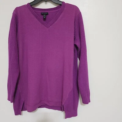 H by HALSTON size Large V Neck French Terry Knit Pullover Sweater Purple - Image 1 of 4